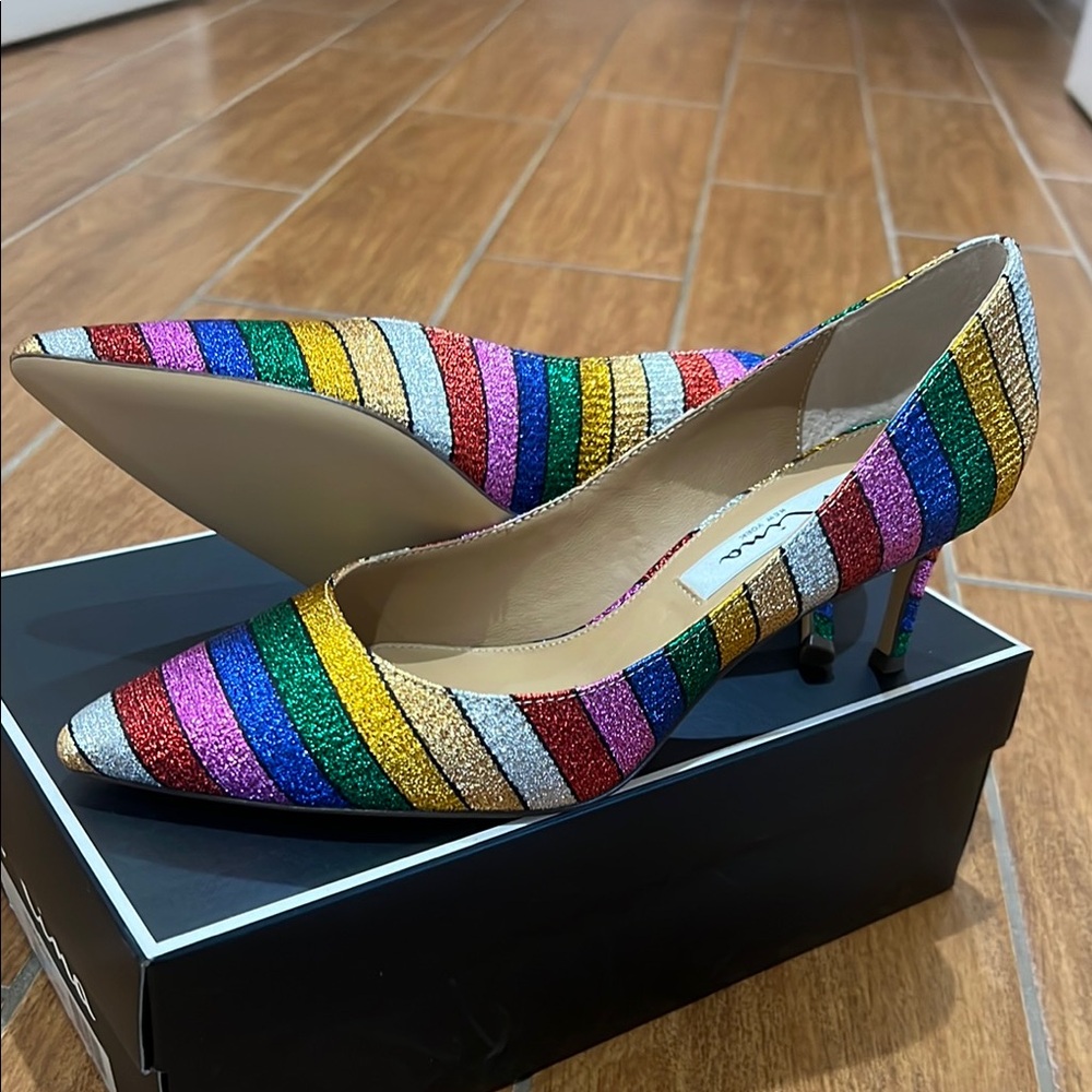 Nina Red and Pink Heels with High Stiletto and Colorful Stripes